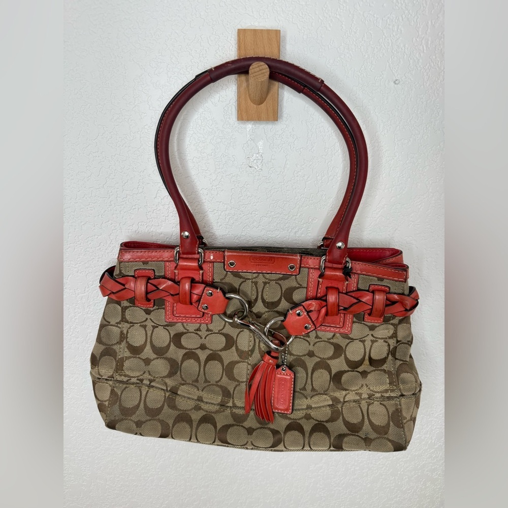 Coach Brown and Red Signature Shoulder Bag